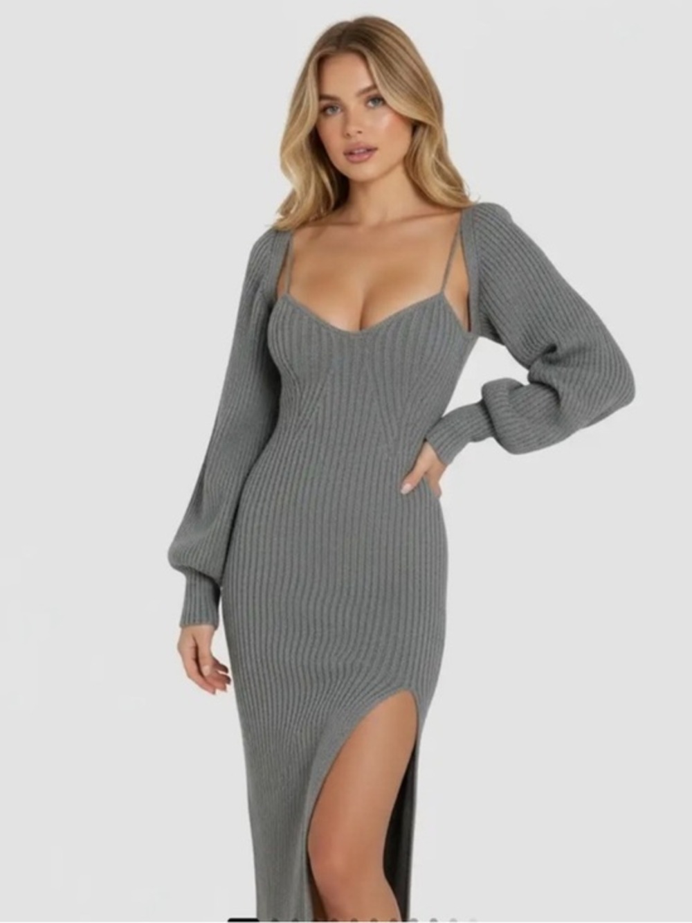 NWT Cider Grey Ribbed Knit Midi Dress with Bolero Sleeves